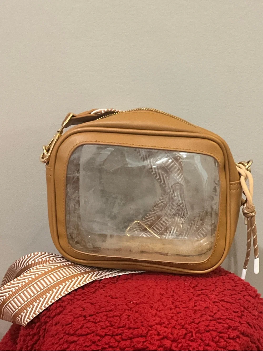 Clear Front Tan Crossbody Bag with Adjustable Strap